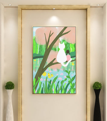 Charming Pastel Illustration of Girl and Cat by a Tranquil Pond