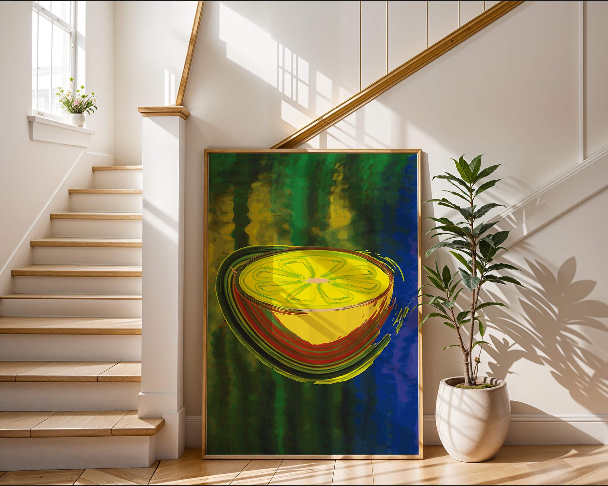 Vibrant abstract lemon slice with a colorful background