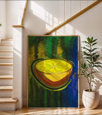 Vibrant abstract lemon slice with a colorful background