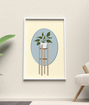 Illustration botanique moderne d'une plante en pot sur un support en bois