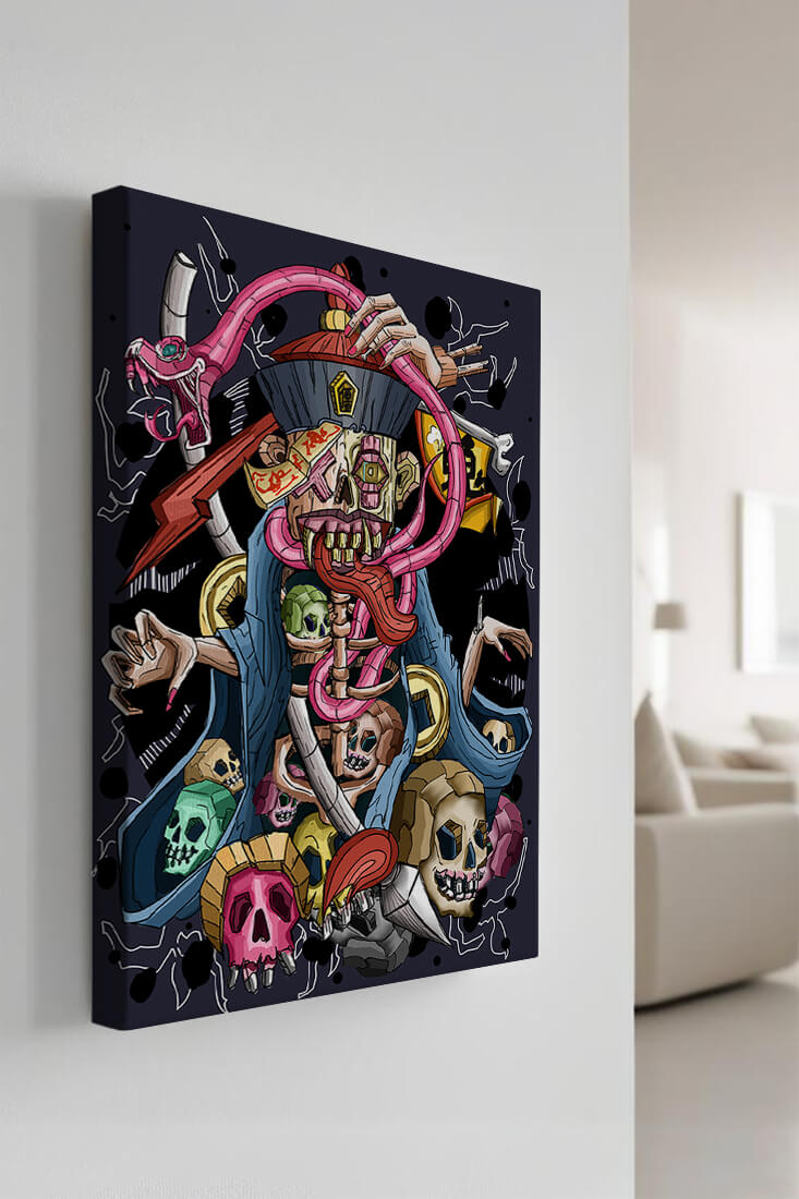 Colorful skeleton with skulls and snake illustration