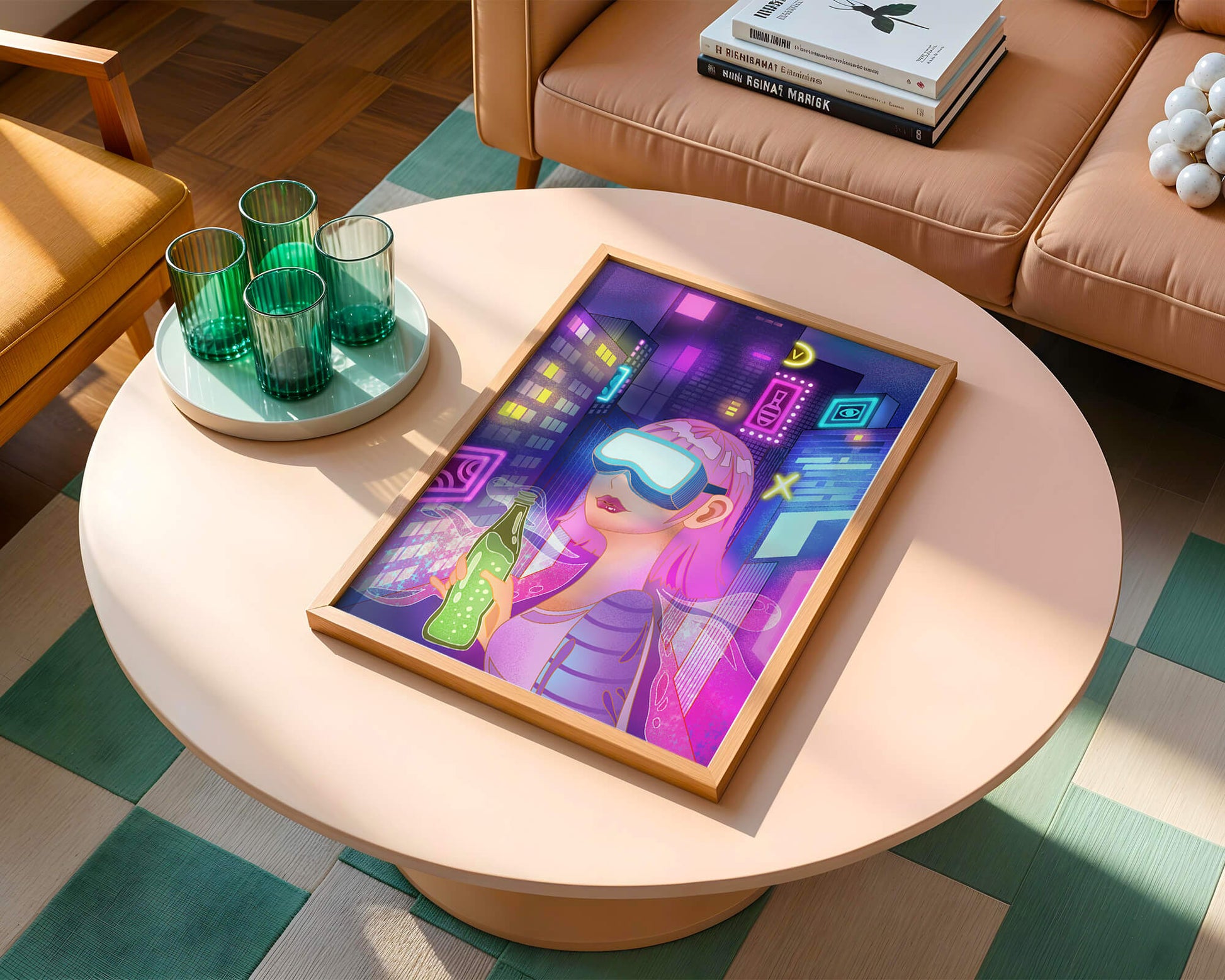 Futuristic urban scene with neon lights and virtual reality elements
