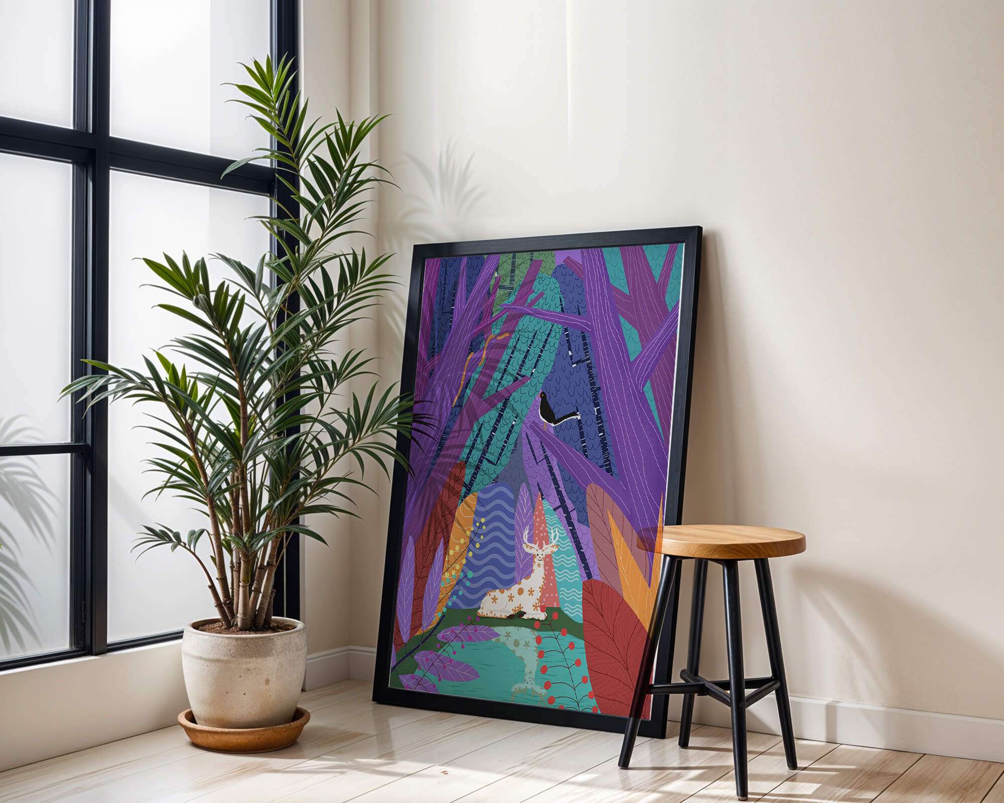 Colorful forest scene with deer and bird under vibrant foliage