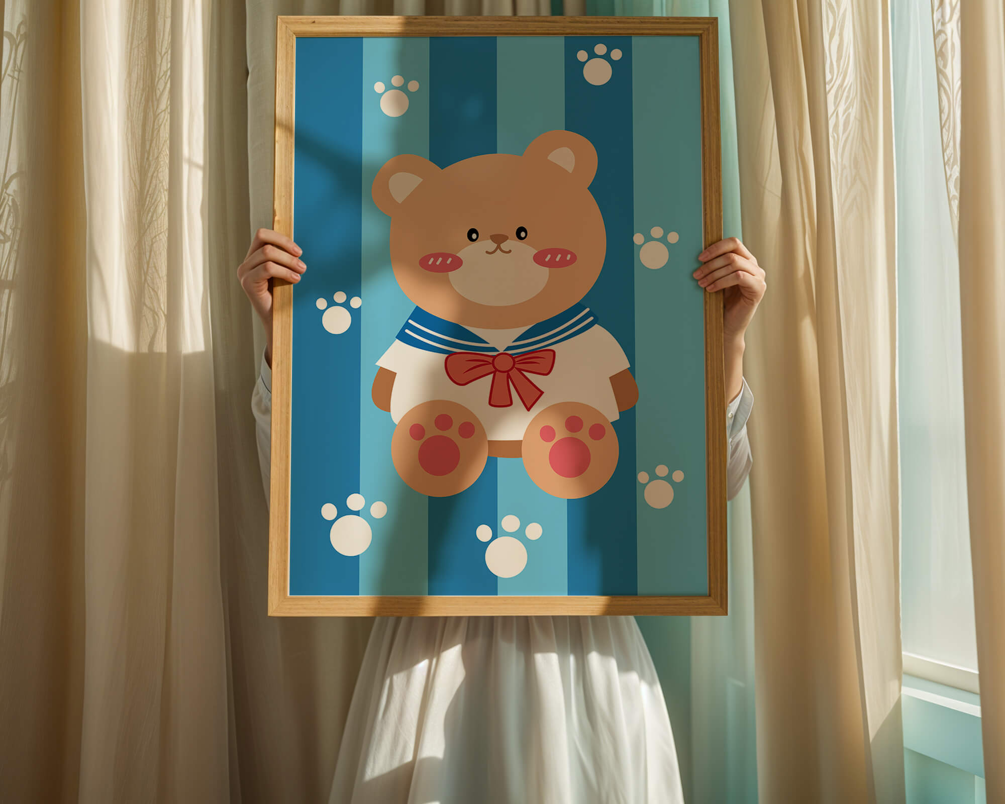 Adorable cartoon bear with sailor suit against striped background
