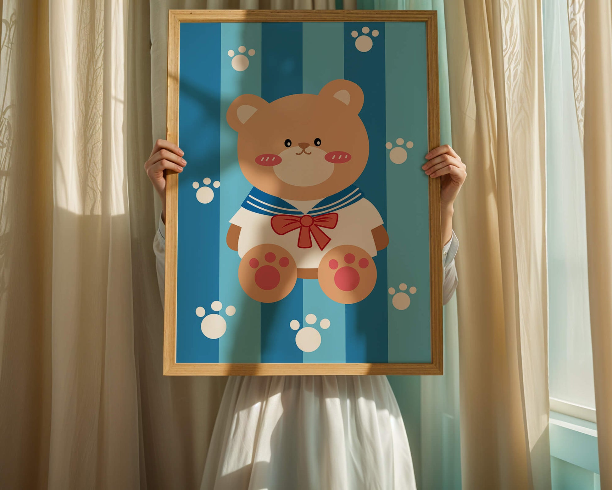 Adorable cartoon bear with sailor suit against striped background
