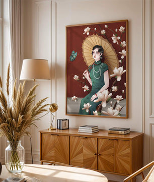 Mujer elegante con parasol y flores de magnolia sobre fondo rojo