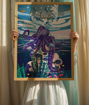 Colorful underwater scene with octopus and fishing boat above