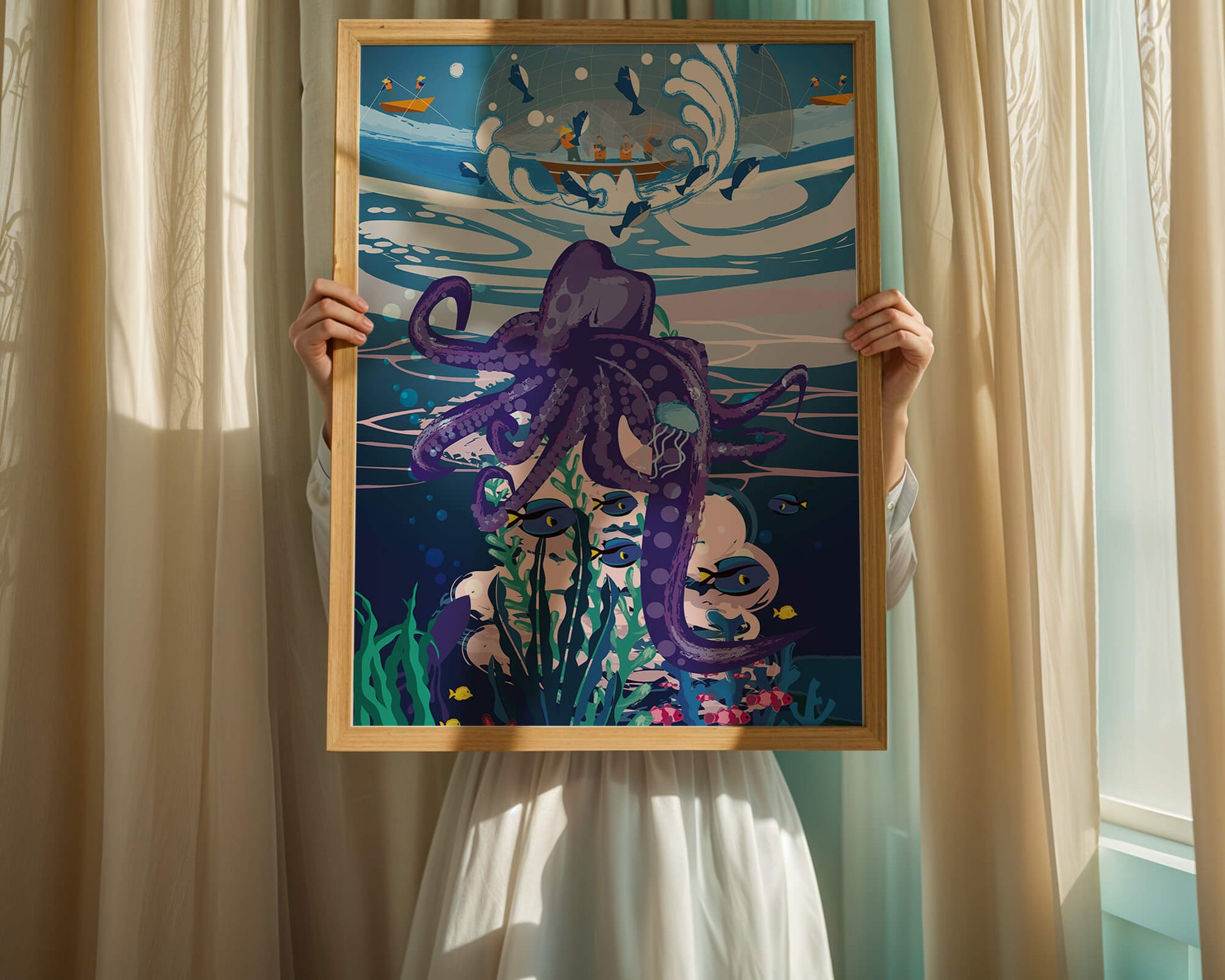Colorful underwater scene with octopus and fishing boat above