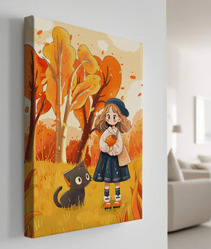 Girl with Cute Cat in Autumn Forest with Colorful Leaves