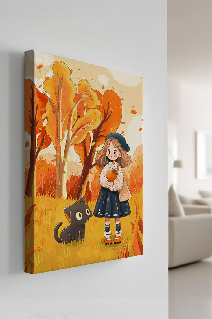 Girl with Cute Cat in Autumn Forest with Colorful Leaves