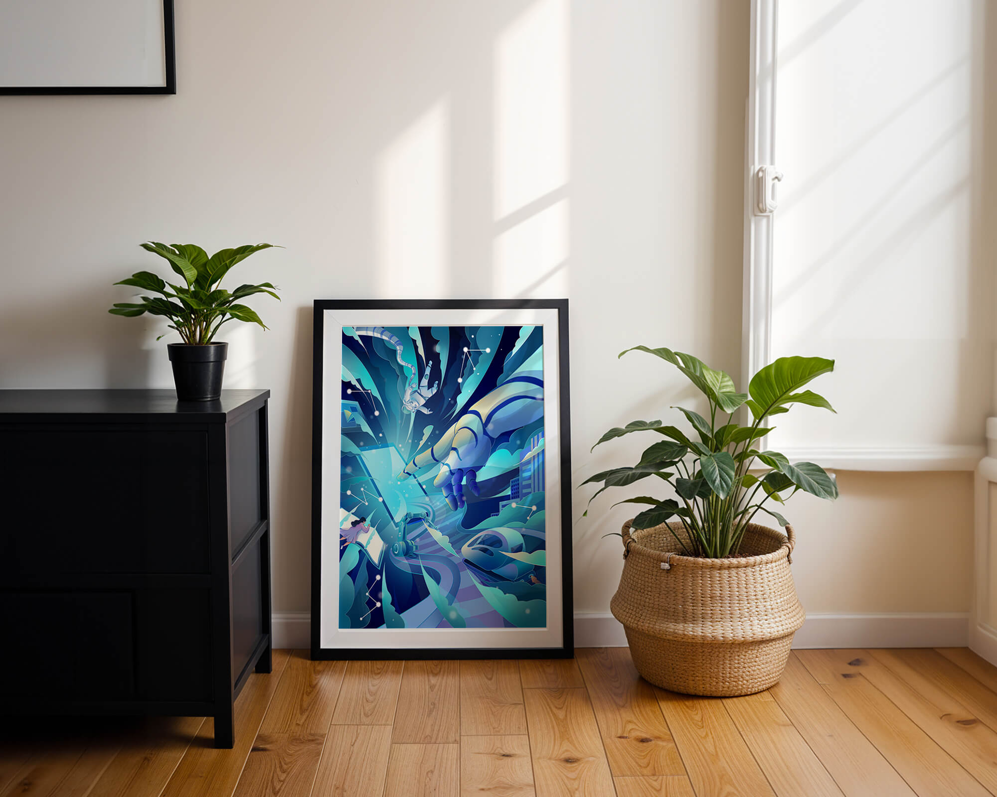 Futuristic digital artwork featuring astronaut and robotic hand in vibrant blue tones