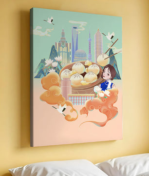 Illustration de la ligne d’horizon de Shanghai avec des raviolis et des éléments asiatiques