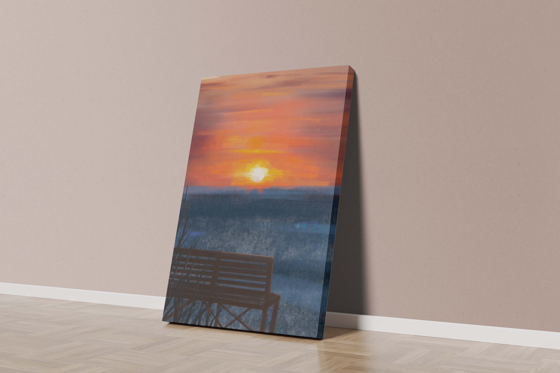 Vue sereine du coucher de soleil avec un banc vide sur des eaux calmes