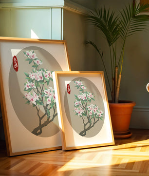 Obra floral delicada con magnolias en flor en estilo oriental