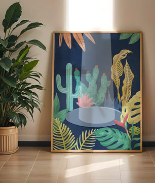 Ilustración botánica colorida con cactus y hojas tropicales