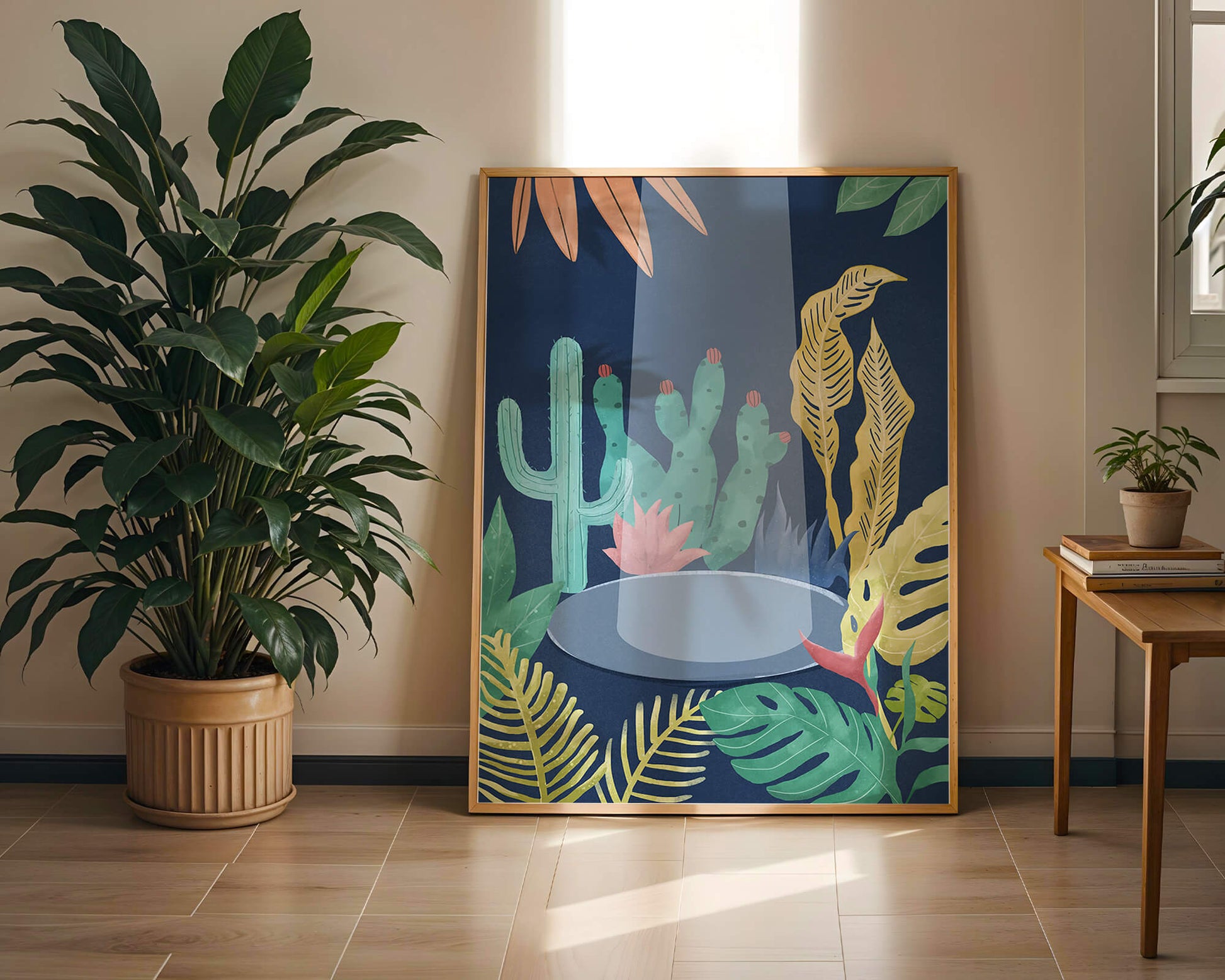 Colorful botanical illustration featuring cacti and tropical leaves