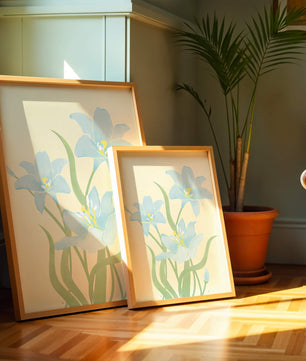 Ilustración elegante de flores azul claro con tallos verdes