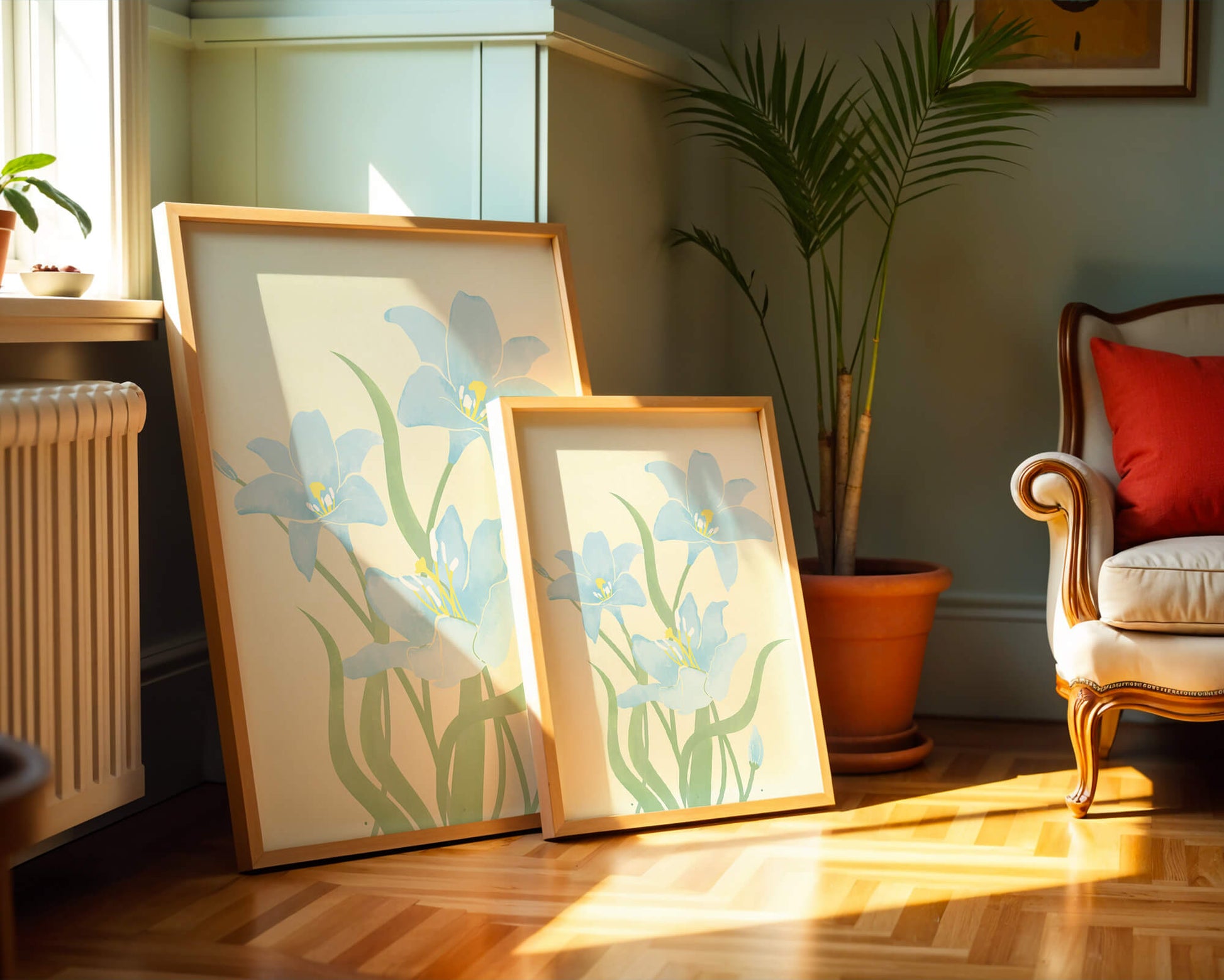 Ilustración elegante de flores azul claro con tallos verdes