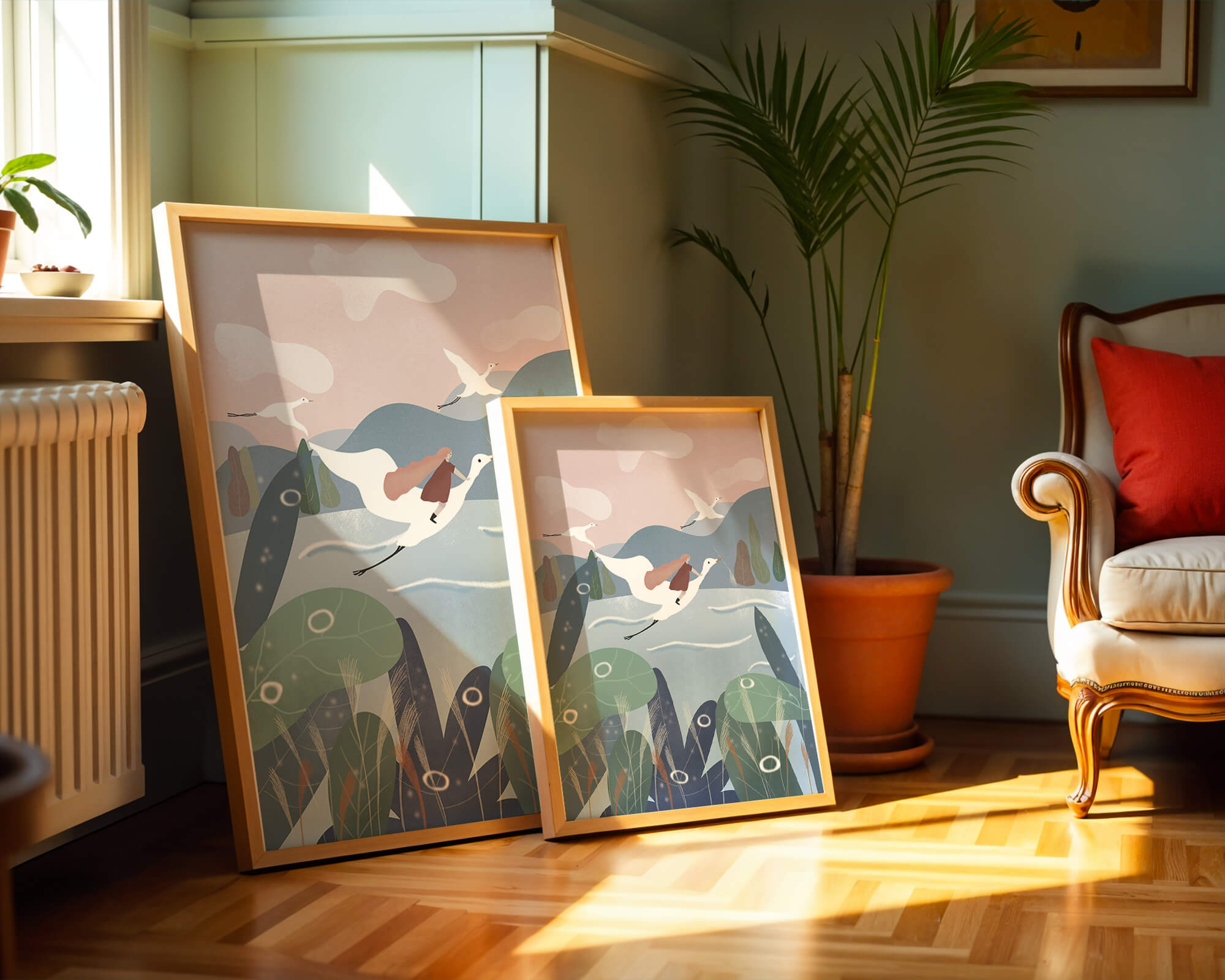 Whimsical landscape with flying birds and pink sky