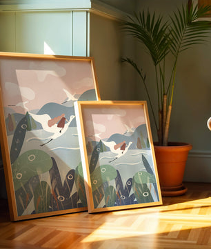 Whimsical landscape with flying birds and pink sky