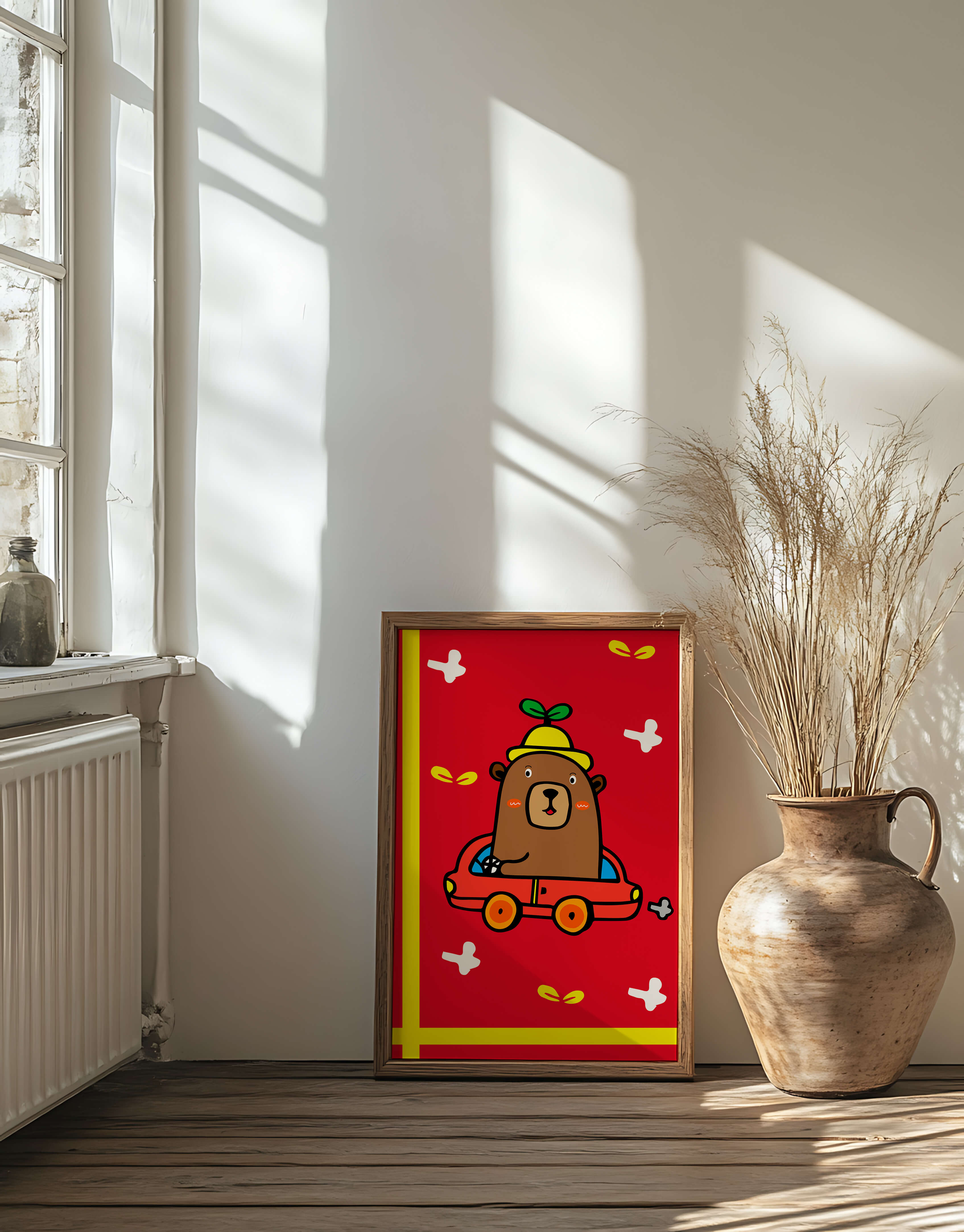 Whimsical bear driving a car on a bright red background