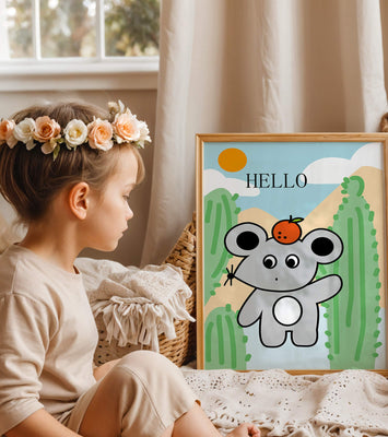 Cute illustration of a mouse with an orange on a sunny background