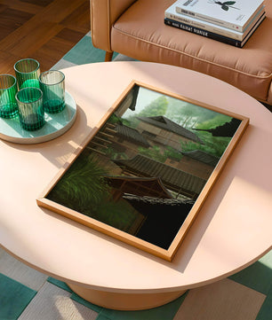 Traditional Japanese Architectural Scene with Lush Greenery