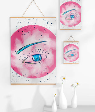 Abstract Eye Illustration with Pink Background and Blue Accents - Mi tienda