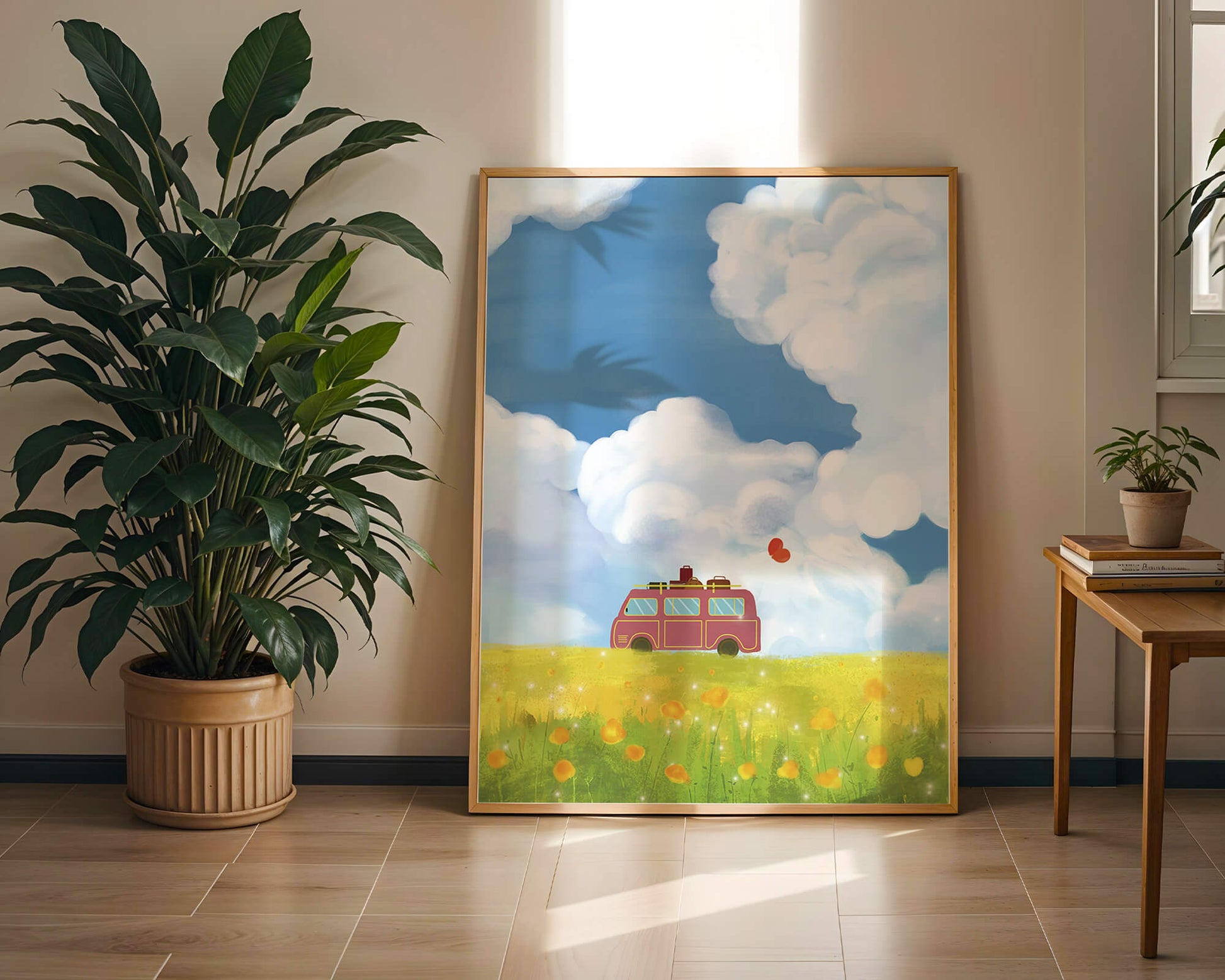 Colorful Van in a Vibrant Field with Balloons and Luggage