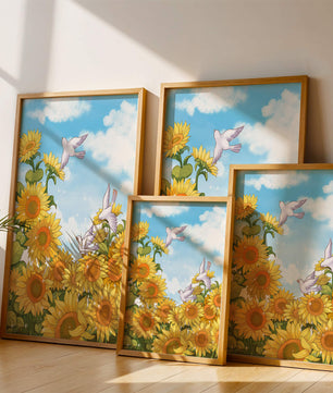 Friedliche Szene mit Sonnenblumen und Tauben unter einem strahlend blauen Himmel