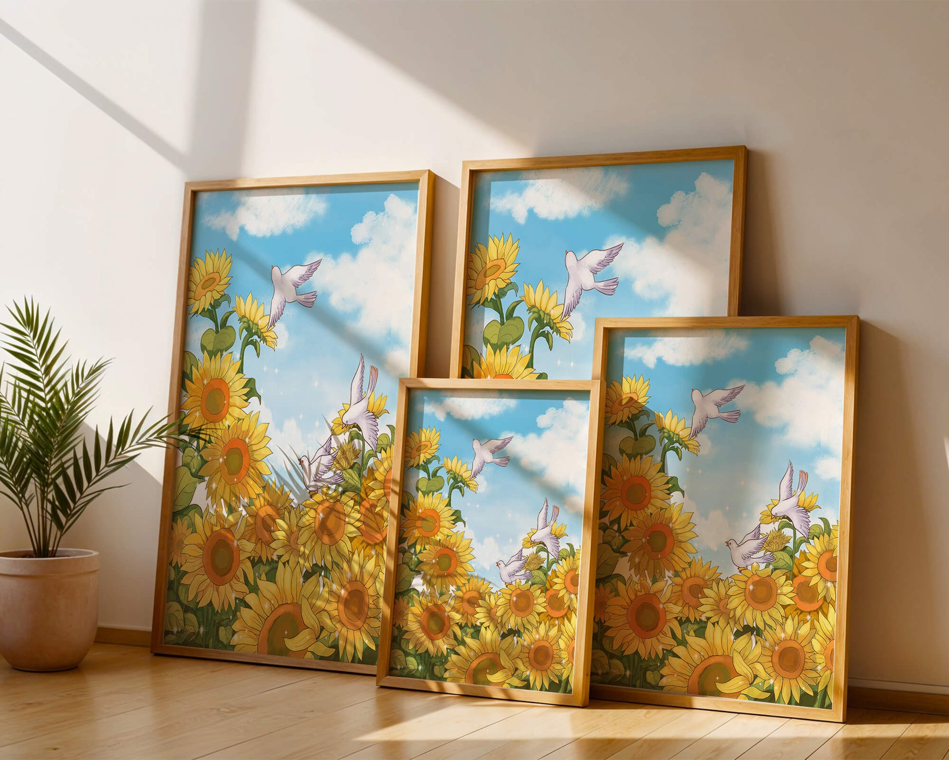 Friedliche Szene mit Sonnenblumen und Tauben unter einem strahlend blauen Himmel