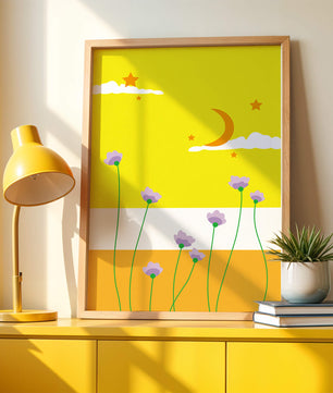 Illustrative landscape with crescent moon, stars, and flowers