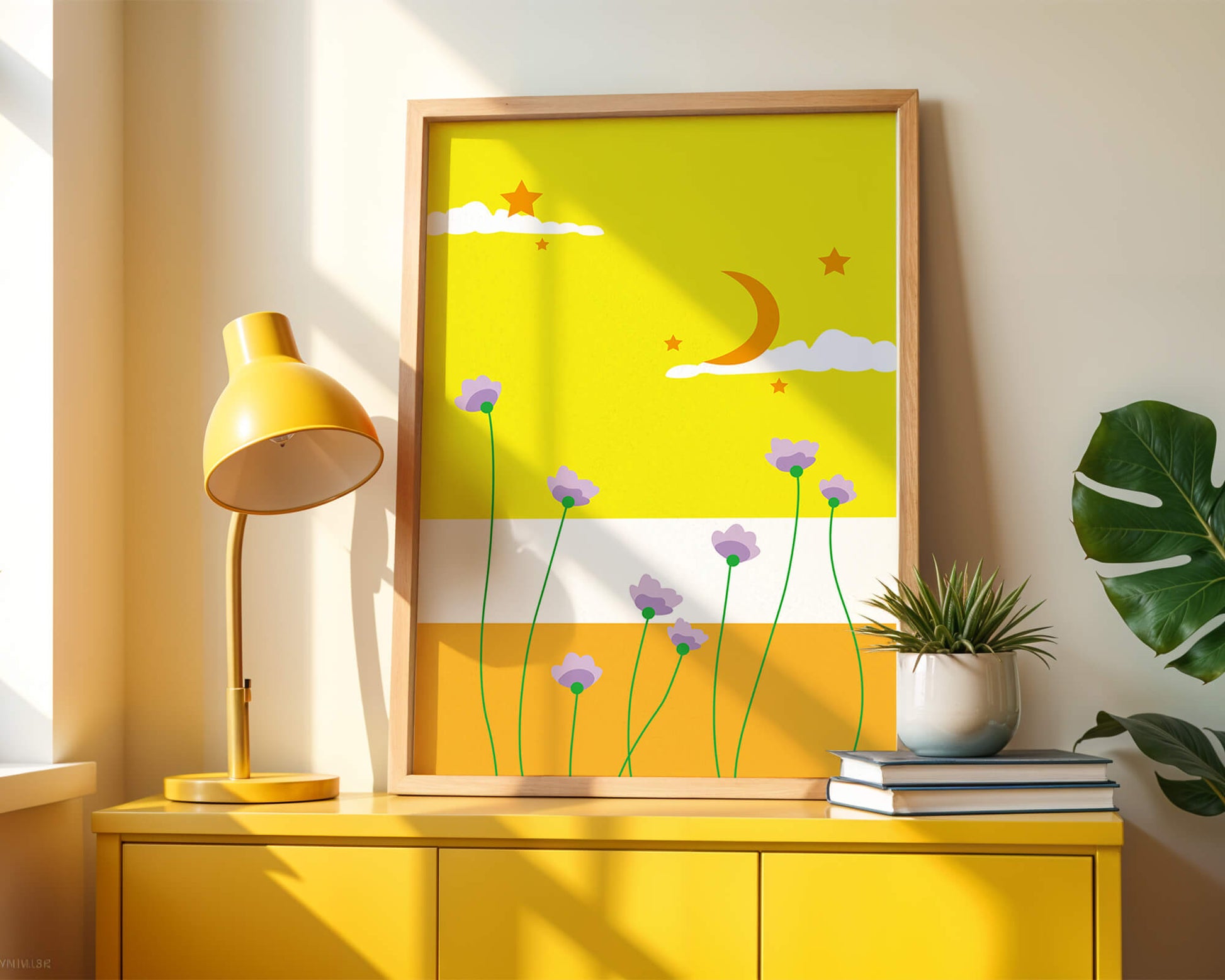 Illustrative landscape with crescent moon, stars, and flowers