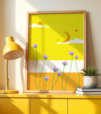 Illustrative landscape with crescent moon, stars, and flowers