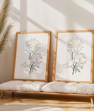 Elegante Pfingstrosen-Linienkunst mit goldenen Akzenten