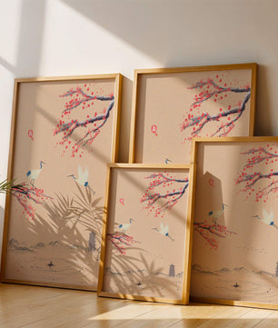 Paysage asiatique élégant avec des grues et des branches de cerisier en fleurs