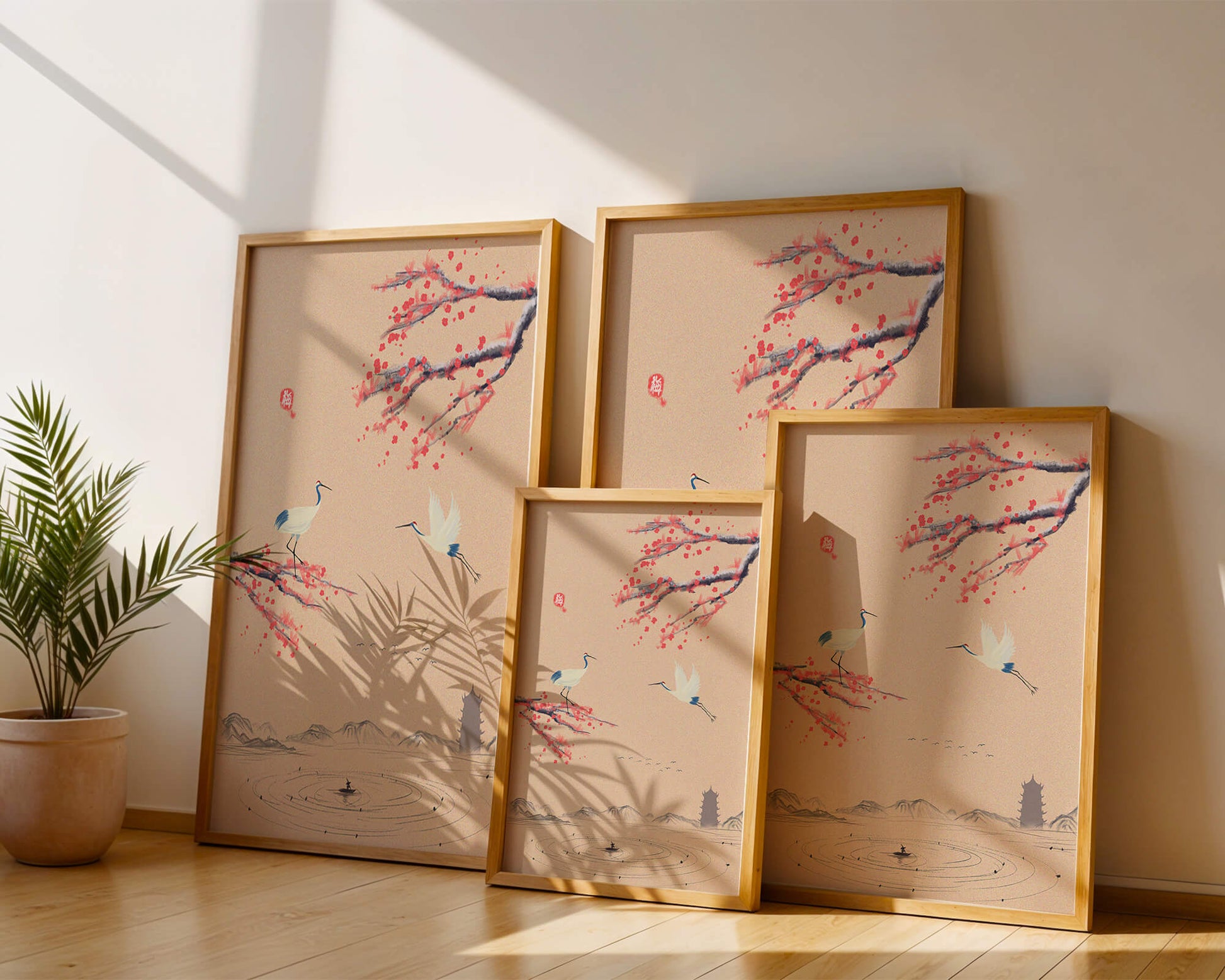 Elegant Asian landscape with cranes and cherry blossom branches