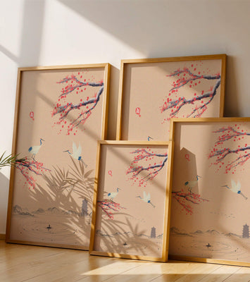 Elegant Asian landscape with cranes and cherry blossom branches