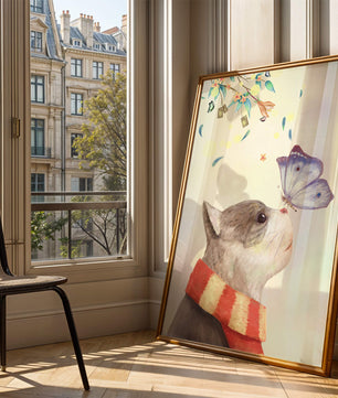 Cat Staring at Butterfly with Floral Elements - Mi tienda