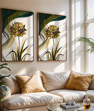 Golden flower artwork with abstract background for contemporary decor