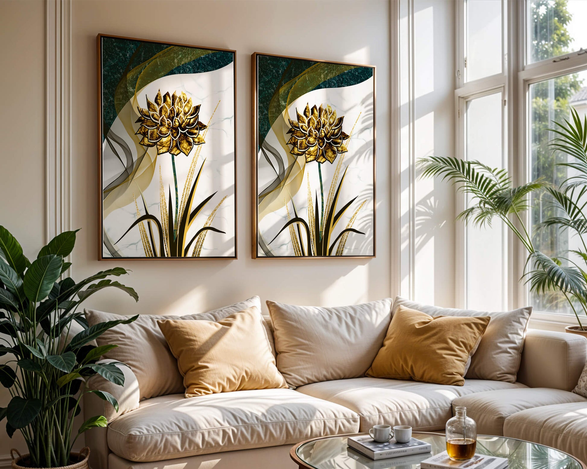 Golden flower artwork with abstract background for contemporary decor