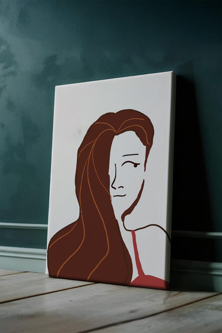 Ilustración estilizada de una mujer con cabello fluyendo y diseño minimalista