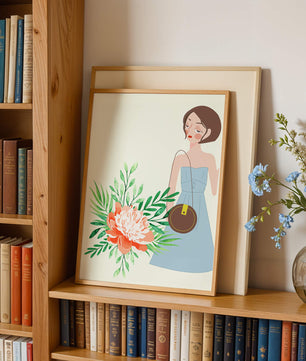 Ilustración de una mujer en vestido azul con diseño floral