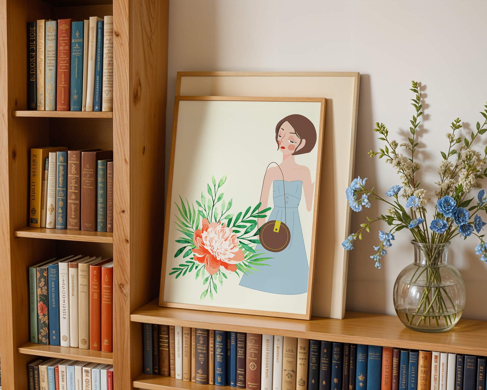 Ilustración de una mujer en vestido azul con diseño floral