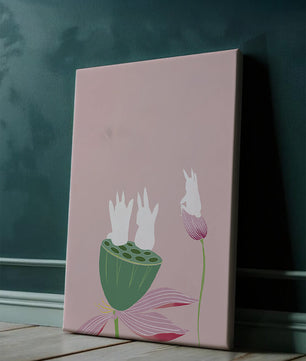 Whimsical Rabbits on Lotus with Pink Background
