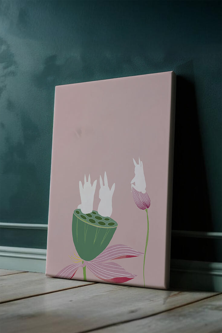 Whimsical Rabbits on Lotus with Pink Background