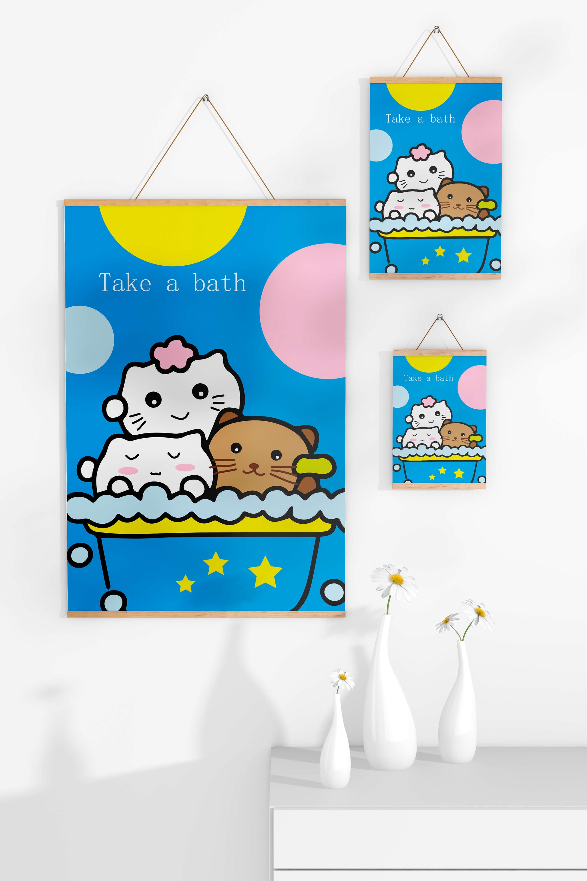 Adorable cartoon characters in a bubble bath with vibrant background