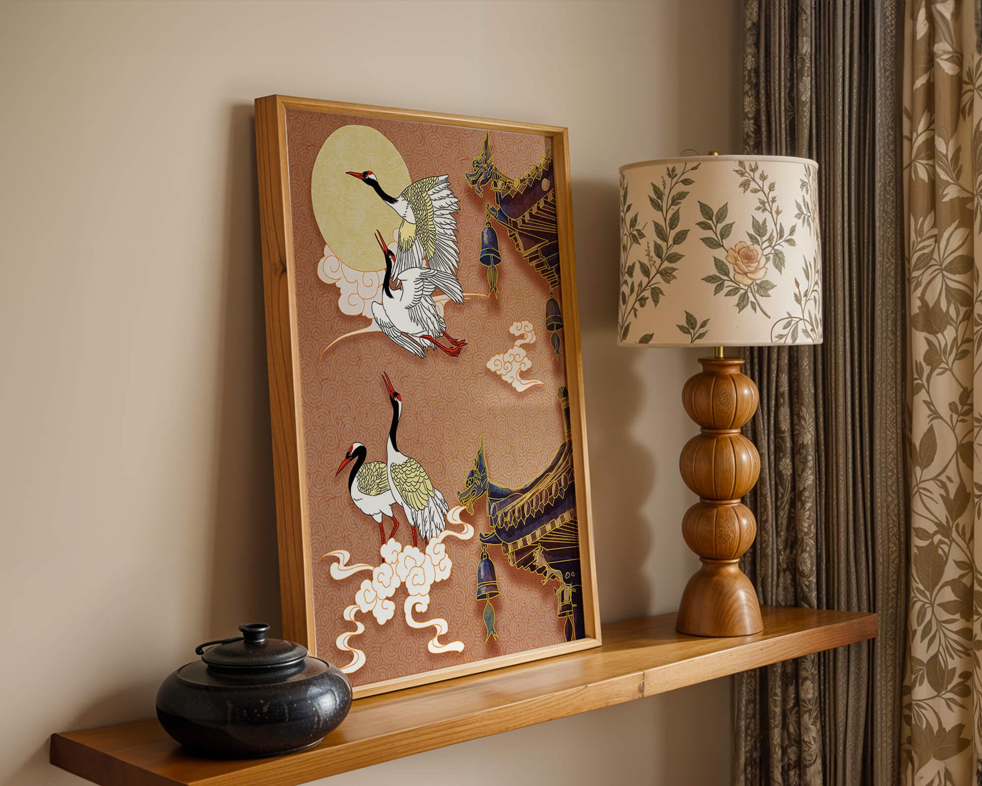 Oriental crane art with golden accents and architectural design
