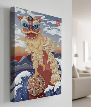 Traditionelle chinesische Löwentanzkunst mit malerischem Hintergrund