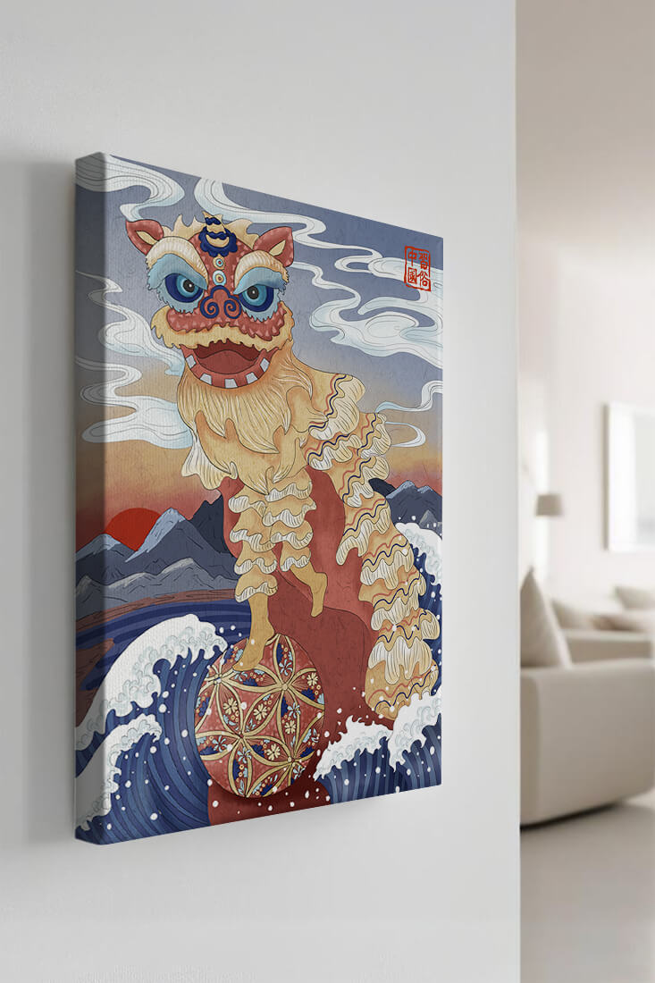 Traditionelle chinesische Löwentanzkunst mit malerischem Hintergrund